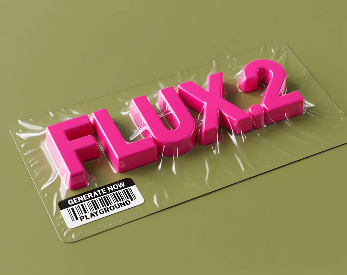 Pink FLUX.2 letters sealed in a clear blister pack on an olive surface