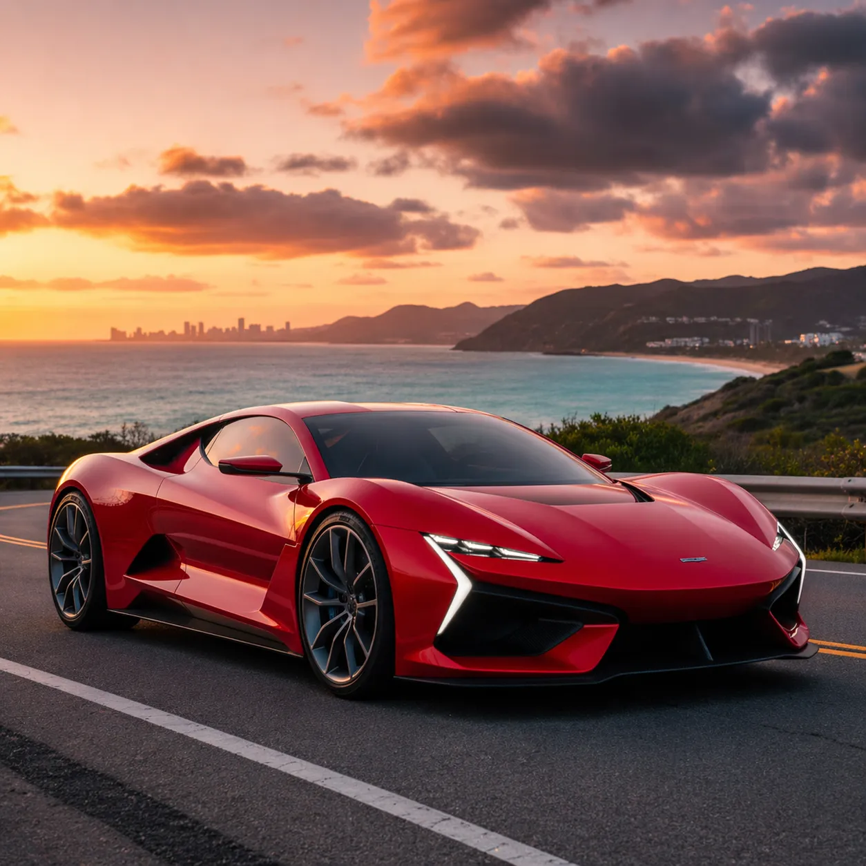 Red sports car on a coastal road at sunset, recolored from a blue car