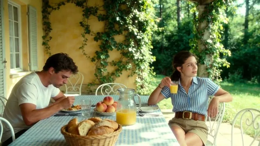 A man and a woman at a breakfast table in a sunny garden