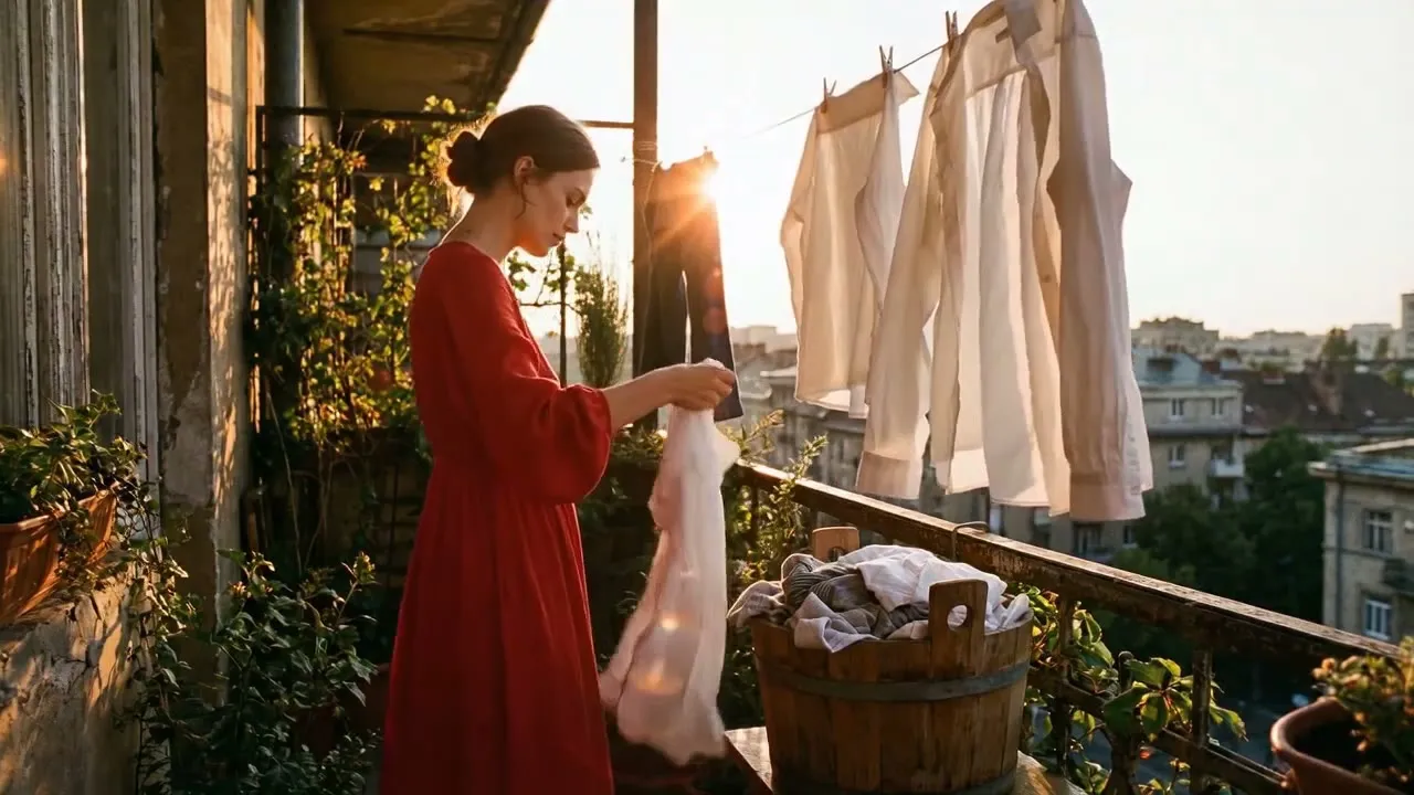 A woman in a red dress hangs laundry on a sunlit balcony